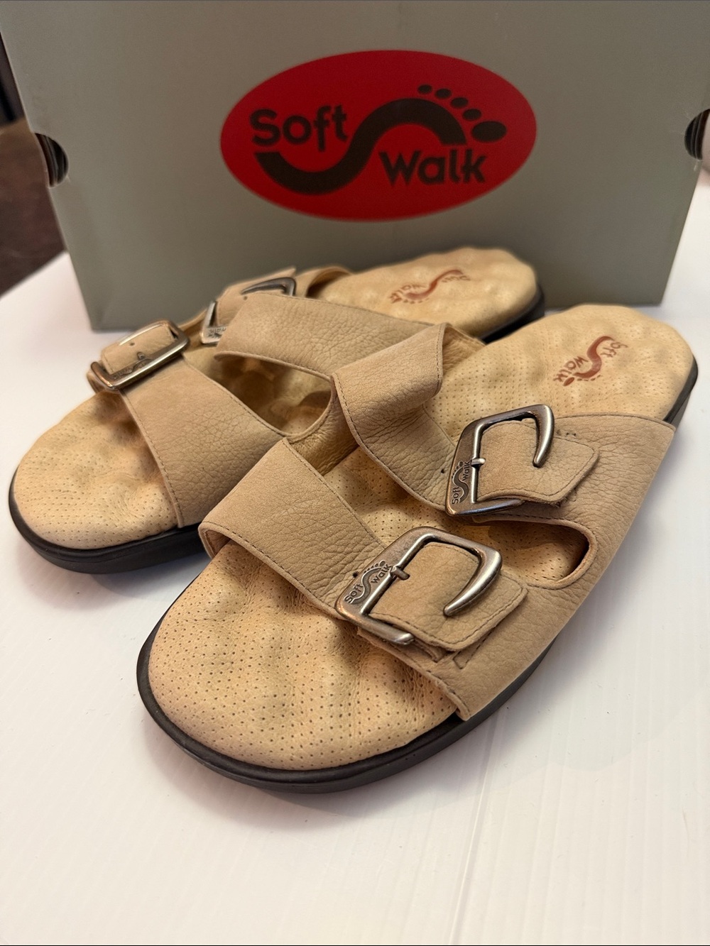 SoftWalk Women's Tan Dual-Buckle Comfort Slide Sandals Size 7.5W